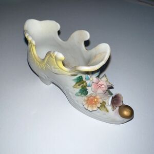 Vintage Lefton Floral Hand Painted Porcelain Shoe Figurine White Collectible